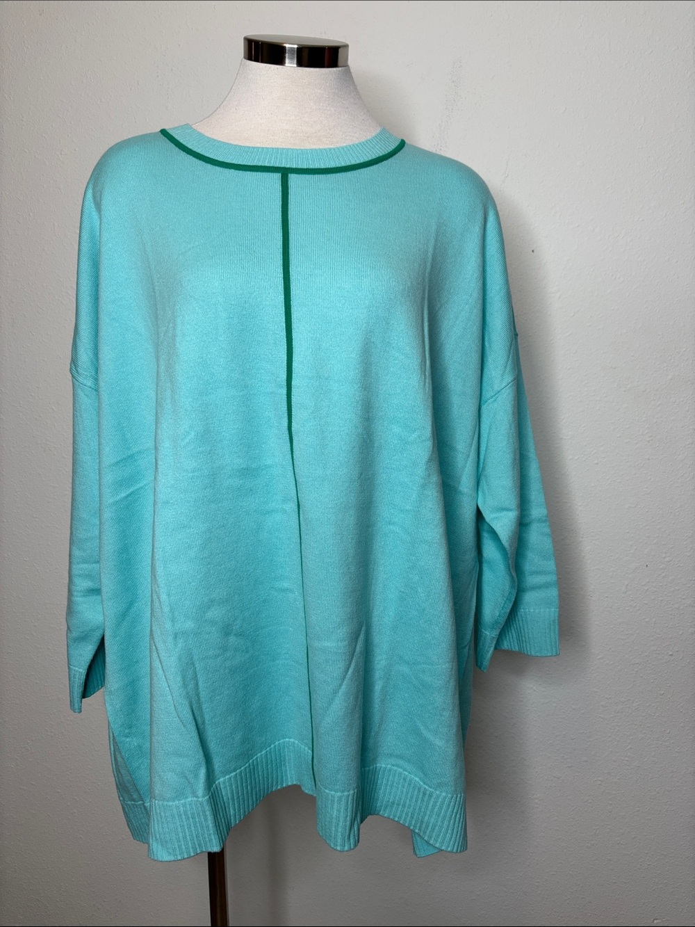 Isaac Mizrahi Aqua Scoop Neck Sweater with Green Trim